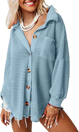 Womens Shackets Waffle Knit Casual Jackets-Blue