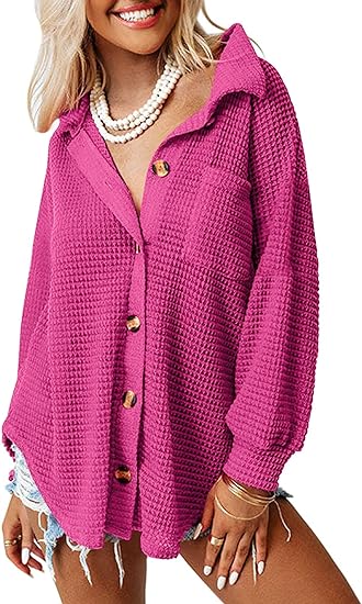 Womens Shackets Waffle Knit Casual Jackets-Pink