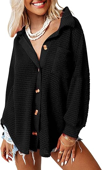 Womens Shackets Waffle Knit Casual Jackets-Black