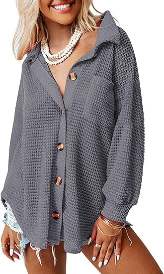 Womens Shackets Waffle Knit Casual Jackets-Grey